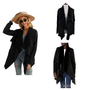 Mechant Black Faux Fur Lined Faux Suede Stitched Outer Waterfall Coat Size Large
